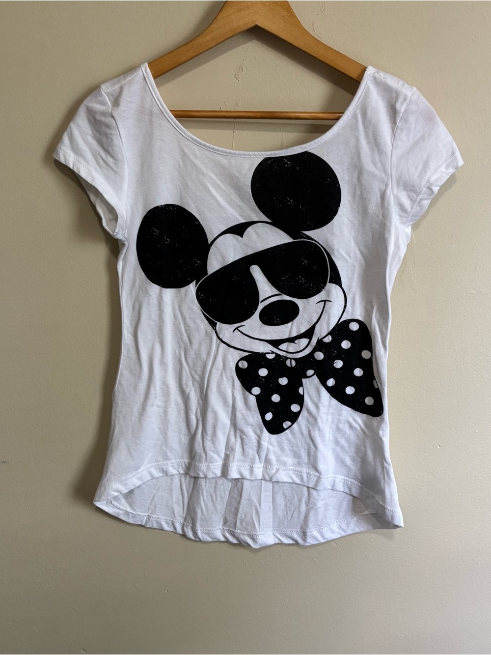 Disney Mickey Mouse Sunglasses Polka Dot Bow High-Low Tee White S